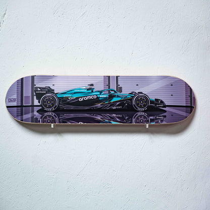 Skateboard deck with Formula 1 car design on a white background
