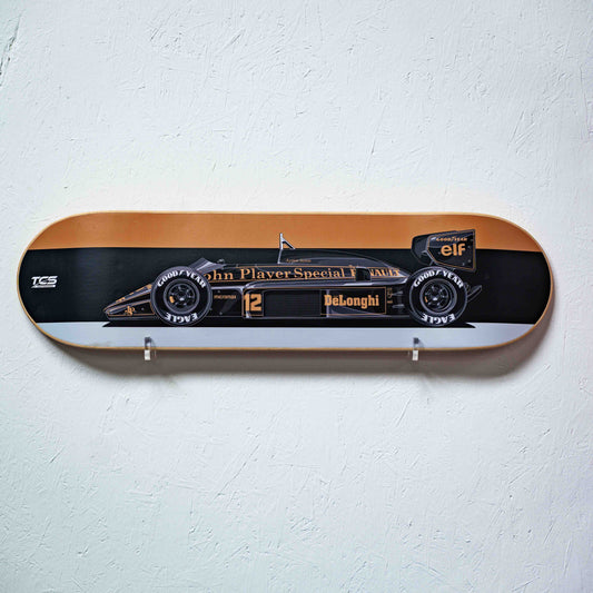 Skateboard deck with racing car design on a white background