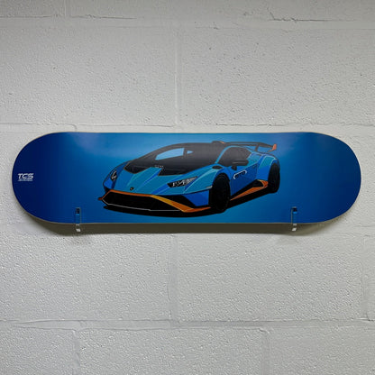 Blue and orange Lamborghini Huracán STO skateboard
