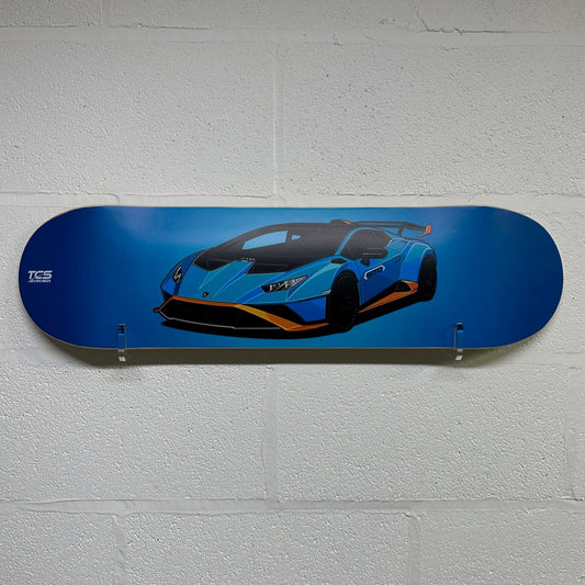 Blue and orange Lamborghini Huracán STO skateboard