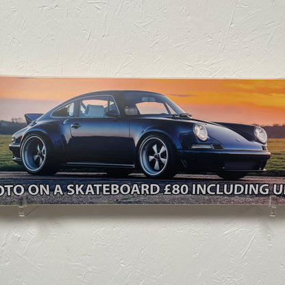 Blue sports car on a skateboard with text overlay