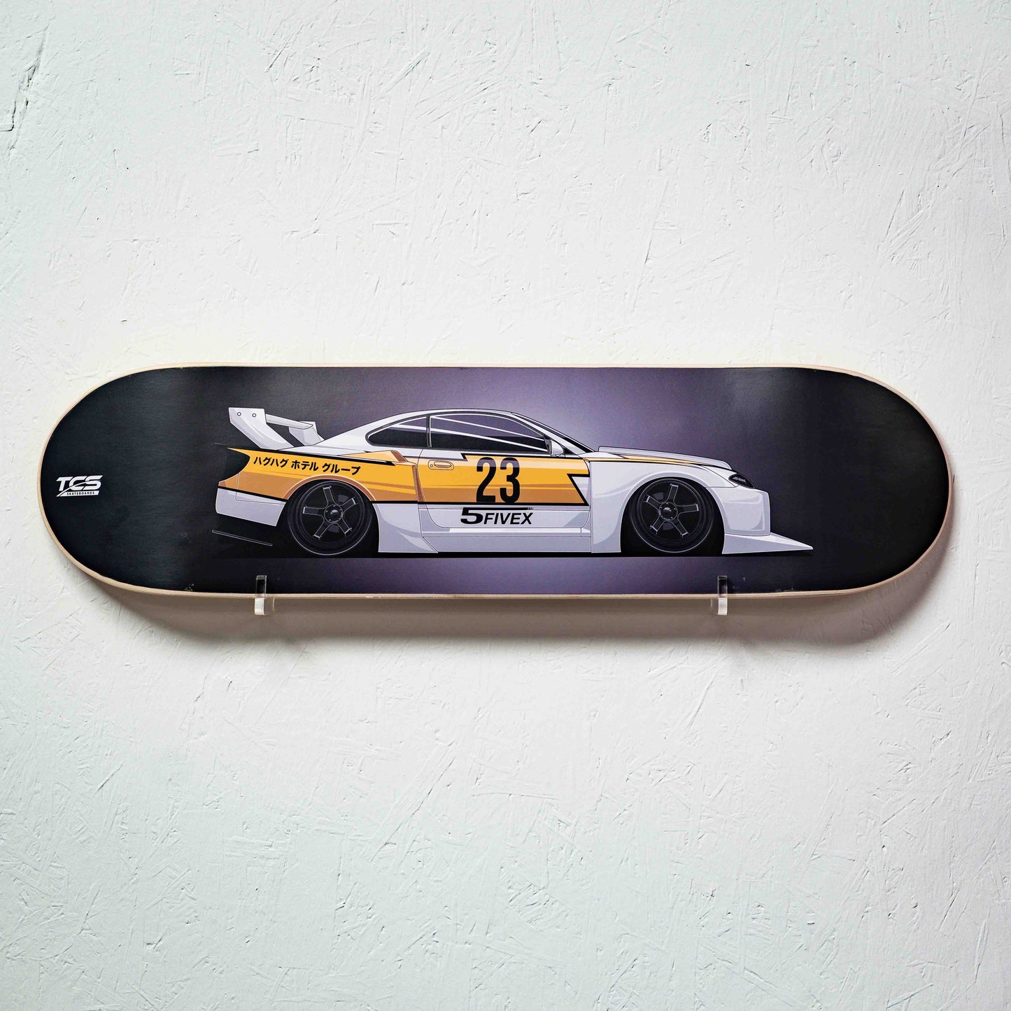 Skateboard deck with a car design and 'Fivex' branding on a white background