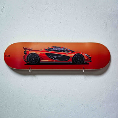Skateboard deck with a red sports car design on a white background
