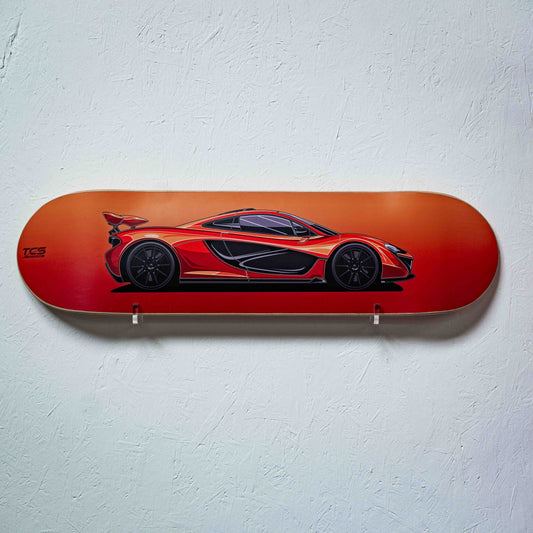 Skateboard deck with a red sports car design on a white background